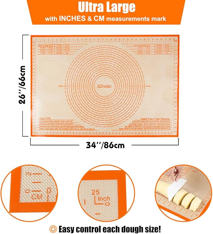 Silicone Pastry Mat 34'' By 26'' Extra Large Baking Mat with Measurements for Dough Rolling, Kneading Board, Kitchen Counter Mats, Perfect for Dough, Fondant, Pie Crust, Cookies, Bread, Pasta, Pizza