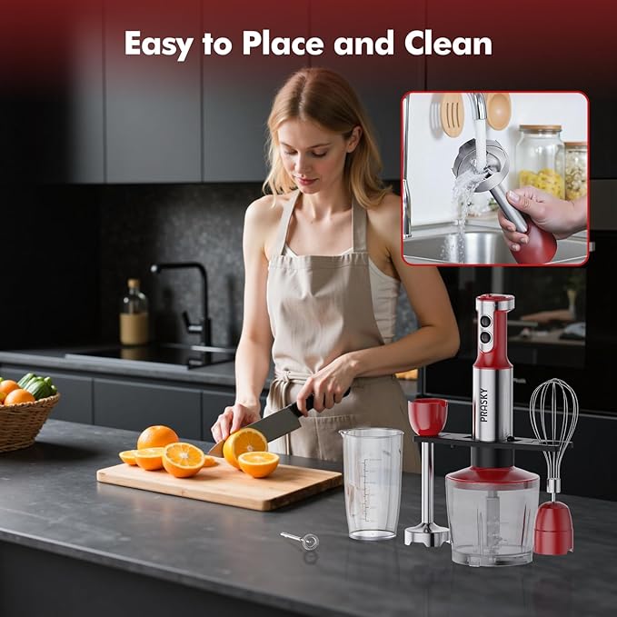 Immersion Blender Handheld，1200W Hand Blenders, 20 Speed & Turbo Mode Hand Held Blender, Stainless Steel Blades, Milk Frother Wand, Whisk, 600ml Beaker, 500ml Chopper (Red)