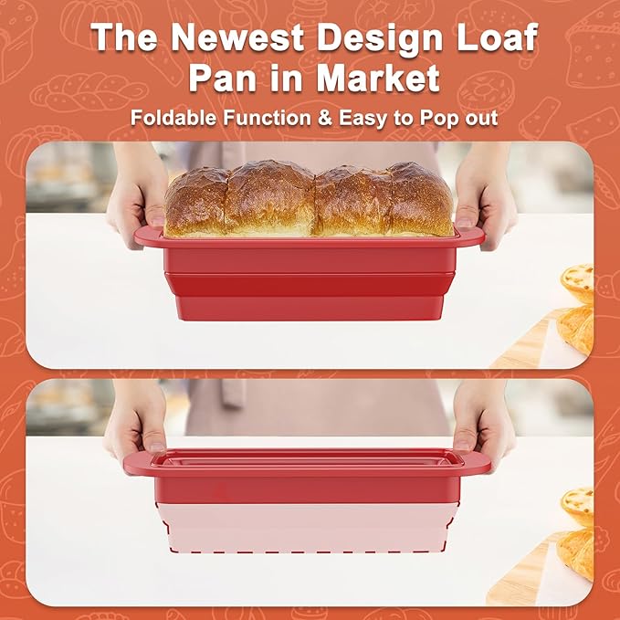 Silicone Bread Loaf Pan With Foldable Function and Metal Reinforced Frame,Rectangular Non-Stick Baking Mold Pans for Oven, Bread, Cake, Easy Release(9"x4"x2.5", Red, 1 Piece)