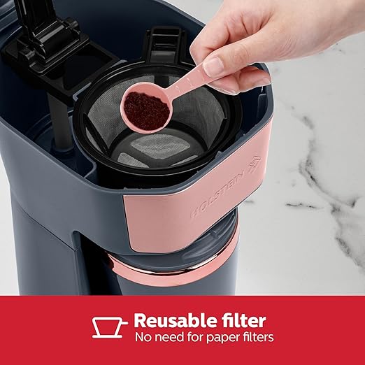Holstein Housewares Personal Coffee Maker with 14oz Travel Mug – Compact One-Touch Brew Machine with Reusable Filter, Auto Shut-Off, Non-Stick Plate, Ideal for Home, Office, or Dorm. Rose Gold & Grey
