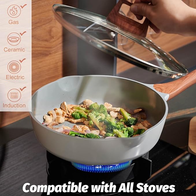 Nonstick Ceramic Frying Pan With Lid, 10 Inches Deep Frying Pan Non Stick Skillet With Pour Spout, Non Toxic Cookware for Stove, Induction, Gas, PB/CD/PFOA Free (White,10 Inches)
