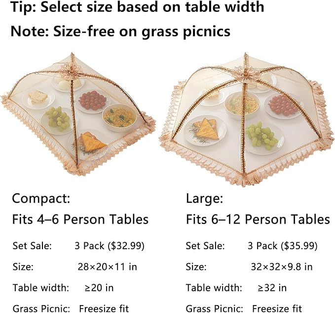 3-Pack 28"x20" - Extra Large Food Covers for Outside, Pop-Up Food Nets & Tents for Outdoors | Bug Proof Reusable Covers for Parties, Picnics, BBQs, Camping Essentials (Collapsible)
