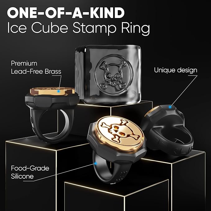 Berlinzo Ice Stamp Ring Bull for Cube & Sphere - Custom Ice Cubes for Whiskey, Mojito Cocktails - Halloween Party Gift - Bull Shaped Brass Ice Stamp w/ 3mm Depth - Black