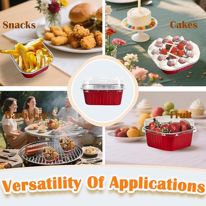 50 Pcs Mini Square Baking Cups with Lids,10oz Aluminum Foil Mini Cake Pans with Lids,Disposable Ramekins Cake Pans,300ml Dessert Cups Cupcake Pans for Wedding Birthday Party,Red
