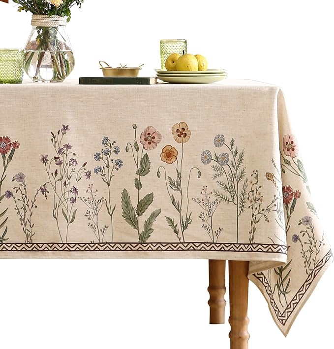 ISAENNE Designer Off White Linen Rectangular Tablecloth,Floral Elegant Table Cloth,Stain Resistant Vintage Decor Tablecloths for Dining Thanksgiving Kitchen Christmas,55"*87"-Serenity G