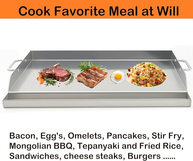 Universal Stainless Steel Griddle Flat Top Plate Grill-Top Griddle Pan with Even Heating Cross Bracing for BBQ Charcoal/Gas Grills, Camping, Tailgating, and Parties (23"*16")