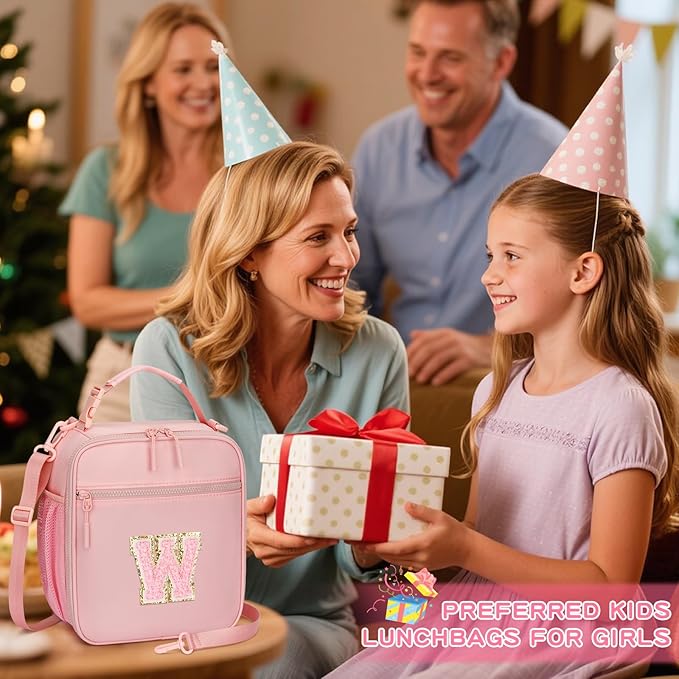 Initial Insulated Lunch Bag for Girls Kids, Back to School Gift, Reusable Leak-proof Lunch Box with Adjustable Strap for School Daycare Travel Picnic (Pink,W)