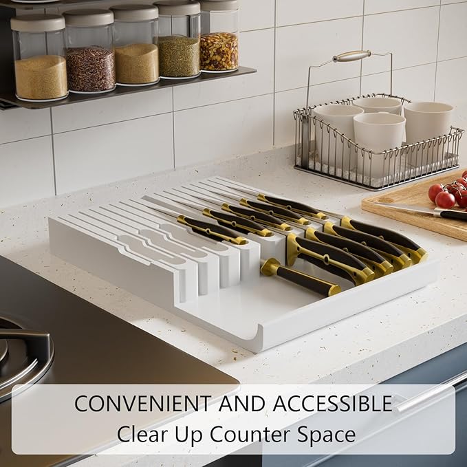 Domax Bamboo In-drawer Knife Block - Knife Drawer Organizer Insert Large Handle Steak Knife Holder, Kitchen Drawer Knife Organizer Fits for 16 knives and 1 Sharpening Steel (Not Included), White