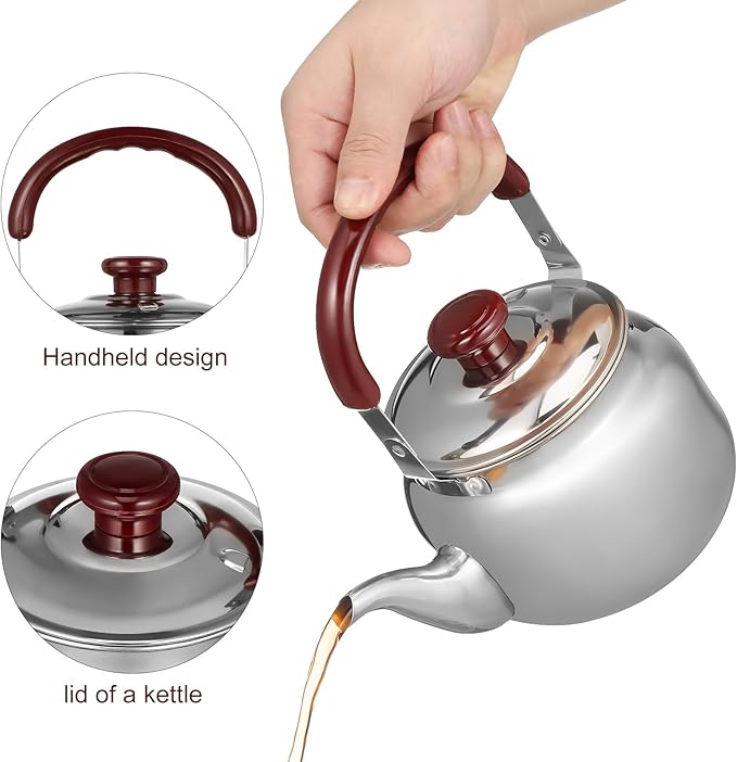 LIFKOME Traditional Stainless Steel Heavy Duty Tea Kettle With Sandwich Bottom and Specialty Cool Touch Handling Mirror Finish Stainless Steel Whistling Tea Kettle Stove Top