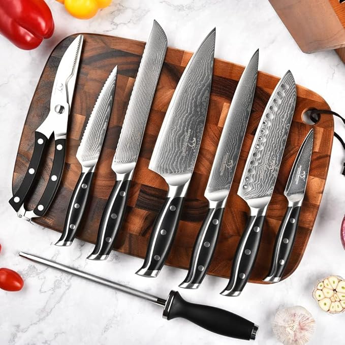 Damascus Kitchen Knife Set with Block - Razor Sharp 67-Layer VG10 Steel, Triple Rivet Handles, Chef, Santoku, Utility, Bread & Paring Knives, Sharpener, Shears, Grey, 9 Pcs