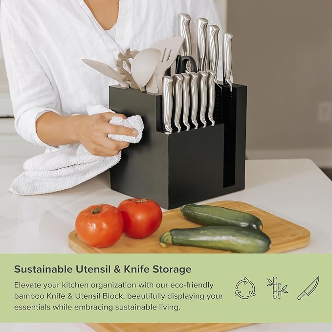 KitchenEdge Bamboo Magnetic Knife Block and Cooking Utensil Holder, Sleek Storage for Chefs Knives, Steak Knives, Spatulas, Scissors, Non-Slip Rubber Feet, Easy to Clean, Food-Safe Black Finish