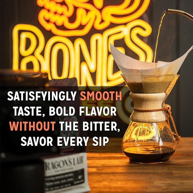 Bones Coffee Company Pear-Anormal, Caramel and Spiced Pear Flavored Coffee, Medium Roast Low Acid Arabica Beans Compatible with Auto drip and French Press Coffee Maker, 12 Oz Ground