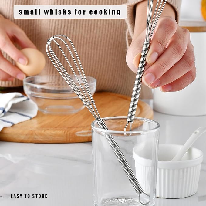 Mini Wire Whisk, 10 Inch Small Whisk for Cooking - Ergonomic Spiral Handle, 304 Stainless Steel - Ideal for Whisking, Beating, Blending & Mixing Sauces - Silver