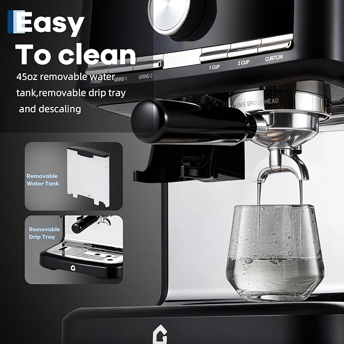 Garvee 20 Bar Pressure Espresso Machine with Grinder, 1.5L Removable Water Tank, Milk Frother Steam Wand for Latte/Cappuccino (BLACK,20Bar,With Grinder)