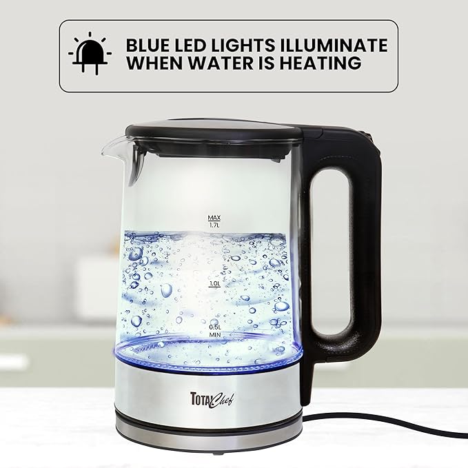 Total Chef Electric Glass Kettle 1.7L – Fast Boil, BPA-Free Borosilicate Glass, LED Light, Auto Shut-Off, Boil-Dry Protection, Cordless Water Boiler for Tea & Coffee, Kitchen Appliance