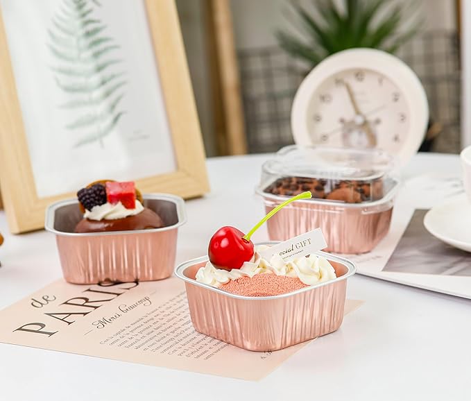 50 Pack Mini Cake Pans with Lids and Spoons Aluminum Foil Pans Square Cake Tins for Bakery Party Wedding (Champagne Color,5 oz)