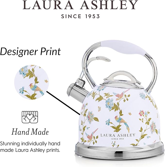 VQ Laura Ashley Elveden White 2.5L Stainless Steel Tea Kettle Stovetop Whistling Teapot for Induction, Gas Hob or others. Silicon Coated Cool Handle & Push Button Mechanism Vintage Stove Top Kettle