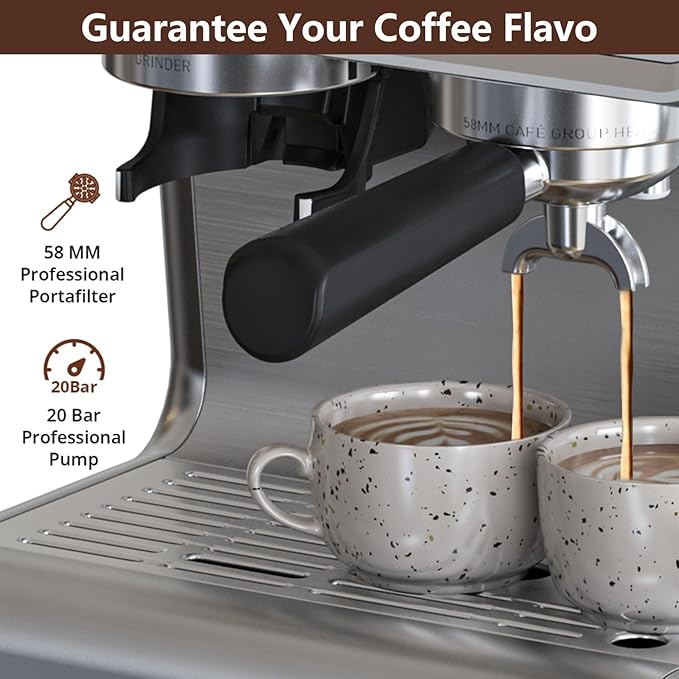 Garvee Super Automatic Espresso Machine with TFT Display, Auto Milk Frother & Grinder, 20 Bar, 6 Custom Drinks, Chrome-Silver with Gold Accents, Compact for Home Barista