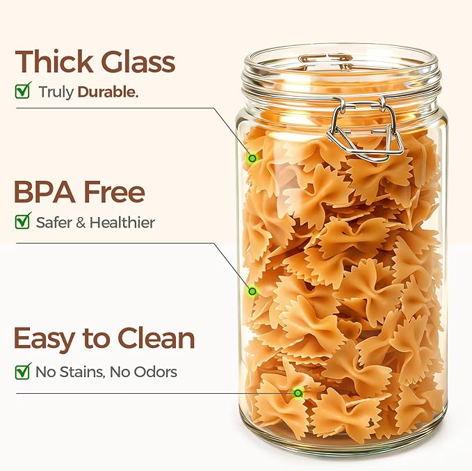 ComSaf Glass Jars with Airtight Lid Set of 3, Mason Jars 32 oz, Pickling Jar, Canning Jar 32oz, 32 oz Glass Containers with Lids for Kitchen, Pickle, Flour, Cereal, Pasta, Sugar, Herb