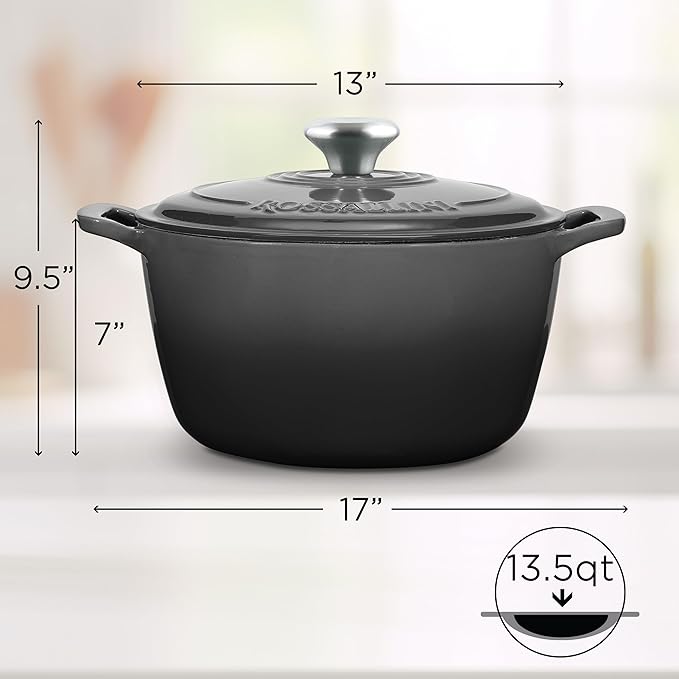 Signature Enameled Cast Iron Dutch Oven, Non-Stick Serving Pot with Tight Fitting Lid for Perfect Roasting, Baking, Sauteing, and Bread Making | 13.5Q (12.7L) - Oyster Grey