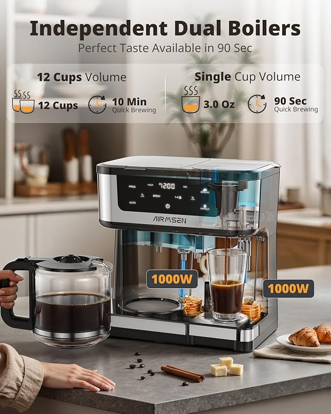 AIRMSEN 12-Cup Programmable Coffee Maker – Single Serve Machine for K-Cup Pods & Ground, 1000W Fast Brew, Delay Start, 2H Keep Warm, Touchscreen, 60oz Tank, Glass Carafe – Home & Office