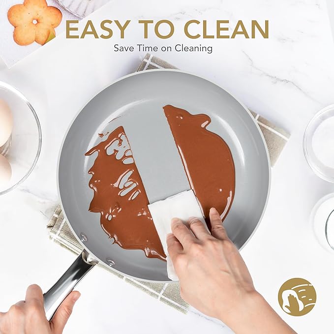 MICHELANGELO Non Stick Frying Pans - 10 Inch Frying Pan Nonstick with Lid, Nonstick Skillet with Lid, Non Toxic Frying Pan, Ceramic-Coated, Beige