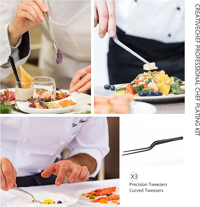 CREATIVECHEF 10 PCS Plating Tools Culinary Set Contains Kitchen Tweezers Spatula Sauce Plating Spoon（Black）