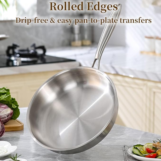 DELARLO Stainless Steel Pan丨10 Inch Skillet with Lid丨Oven Safe Up to 600℉丨Triply Stainless Steel Cookware丨Stainless Steel Pan 10 in丨Induction Compatible丨Fast Even Heat丨Large Cooking Surface