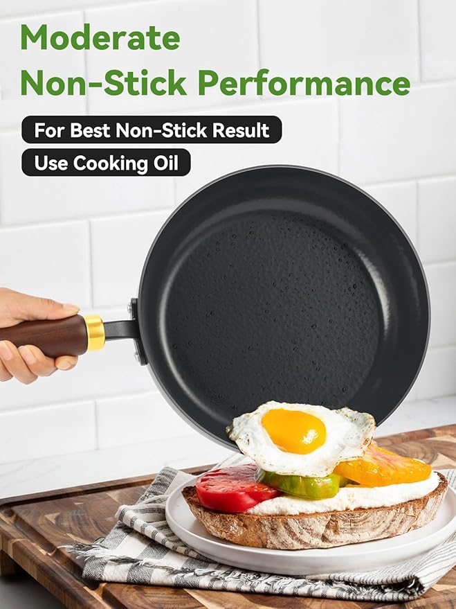 Enameled Carbon Steel Skillet, 9.5-Inch Nonstick Frying Pan, Stay-Cool Wooden Handle, Non Toxic, PTFE & PFOA Free Oven-Safe, Season-Free Carbon Steel Pan