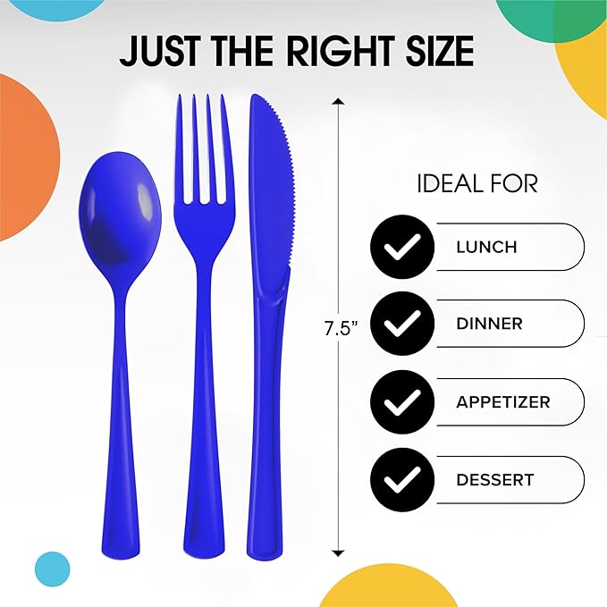 Party Solids Dark Blue Plastic Silverware Heavy Duty 300 Pcs Dark Blue Plastic Cutlery Sets, Utensil Sets, 100 Of Each Forks, Knives & Spoons Disposable Cutlery Set, Flatware Set For Party Supplies