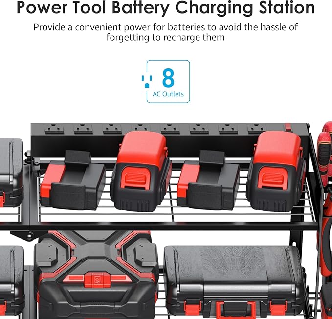 CCCEI Large Garage Tools Storage with Charging Station. Power Tool Battery Organizer Utility Shelf with Power Strip. 4 Drills Holder Wall Mount Rack, Black 3 Layer.