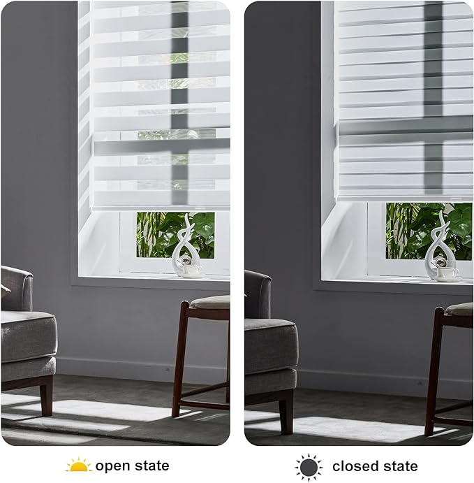 Persilux Cordless Zebra Blinds for Windows Free-Stop Window Blinds (30" W X 72" H, White) Dual Layer Light Control for Day and Night, Light Filtering Sheer Shades for Home, Bedroom, Easy to Install