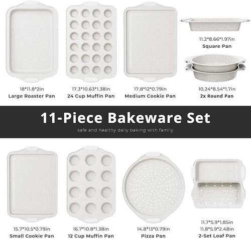 11-Piece Kitchen Nonstick Stackable Bakeware Set, Non Toxic Bakeware Sets with Silicone Handles, Includes Cookie Sheets, Cake Pan, Loaf Pan, Pizza Pan, Muffin Pan, White