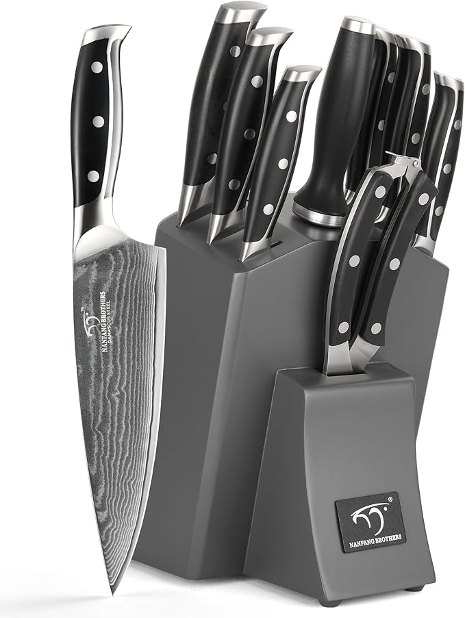 Damascus Kitchen Knife Set with Block - Razor Sharp 67-Layer VG10 Steel, Triple Rivet Handles, Chef, Santoku, Utility, Bread & Paring Knives, Sharpener, Shears, Grey, 9 Pcs