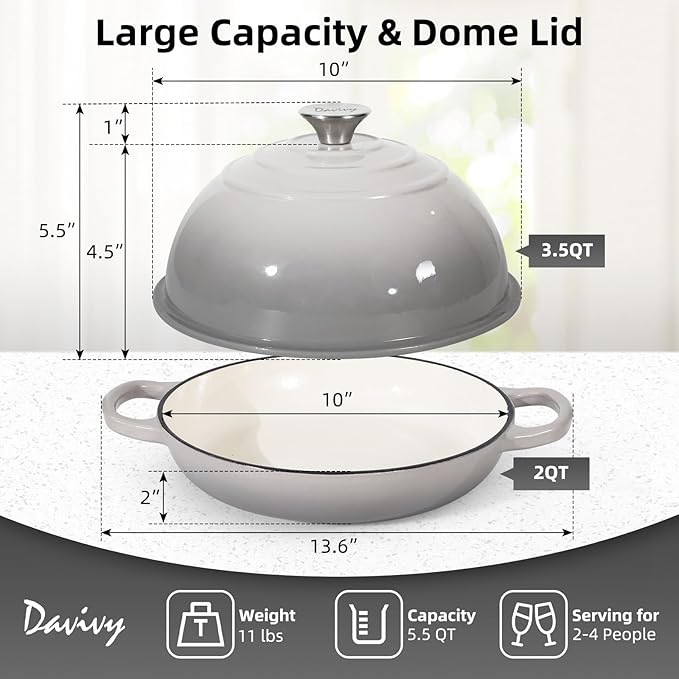 Davivy 5.5QT Enameled Cast Iron Dutch Oven, 10" Round Bread Dutch Oven, Sourdough Bread Baking Pan, Enameled Cast Iron Bread Oven, with Silicone Oven Mitts - Light Grey