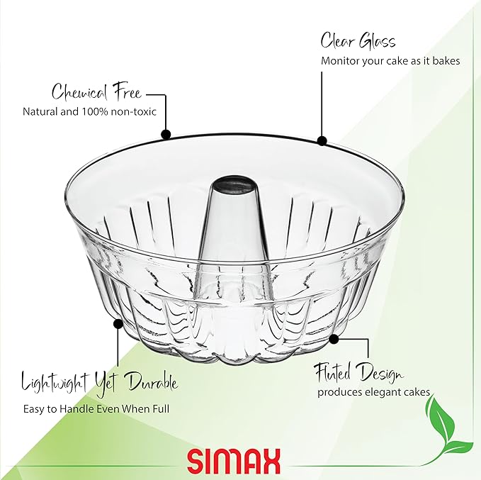 SIMAX Clear Glass Fluted Bundt Cake Pan, Heat, Cold, and Shock Proof, 2.1 Quart (8.4 Cups), Made in Europe, Great for Ring Cakes, Puddings, Desserts, Monkey Bread, and More, Dishwasher Safe