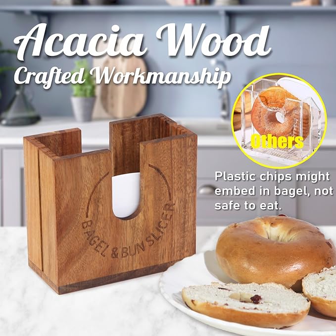 Large Adjustable Bagel Slicer Holder | Acacia Wood Bagel Cutting Holder with Width-Adjustable Slots for Small & Large Bagels, Buns & English Muffins, Knife Groove & Non-Slip Base