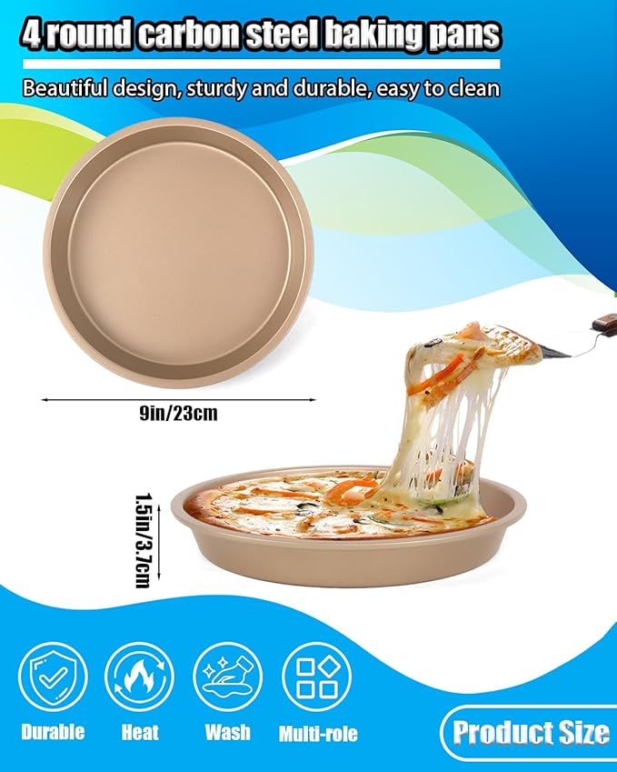 Round Cake Pans, 4 Pack 9" Nonstick Baking Cake Pans Circle Cake Pan For Birthday Wedding Christmas, Steaming Serving (Gold)