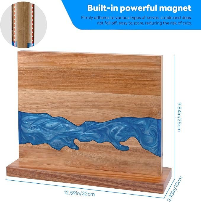 magnetic knife holder - Acacia wood blue resin river knife block, double-sided magnetic, 12.59 × 9.84 inches (Without knife)