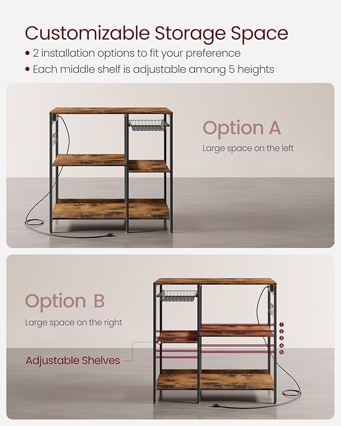 VASAGLE Baker's Rack, Coffee Bar Stand with Charging Station, Storage Shelves, Pull-Out Wire Basket, Table for Microwave, Kitchen, Rustic Brown UKKS036K01, 15.7 x 35.4 x 35.6 Inches