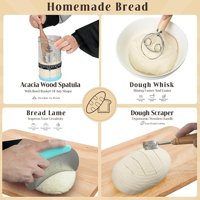 Complete Sourdough Starter Kit with 9" Rattan Banneton & 40oz Glass Jar - Bread Baking Supplies Set Includes Dough Whisk, Lame, Acacia Wood Spatula - Gift Set by Delight Source