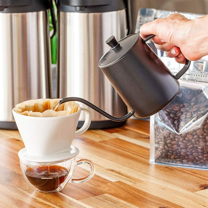 Restaurantware Restpresso 20 Ounce Gooseneck Kettle 1 Dishwashable Pour Over Kettle - With Thermometer Hole Non-Stick Coating Black Stainless Steel Stovetop Kettle Built-In Handle