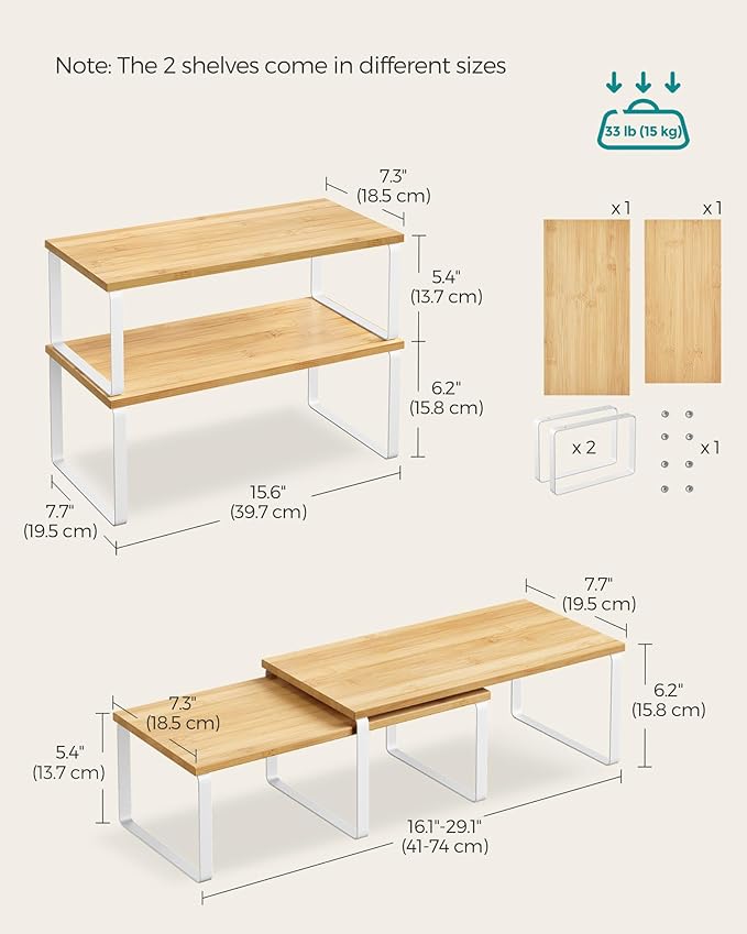SONGMICS Cabinet Organizer Shelf, Set of 4 Kitchen Counter Shelves, Kitchen Storage, Spice Rack, Stackable, Expandable, Metal and Engineered Wood, Cloud White and Natural Beige UKCS210W01