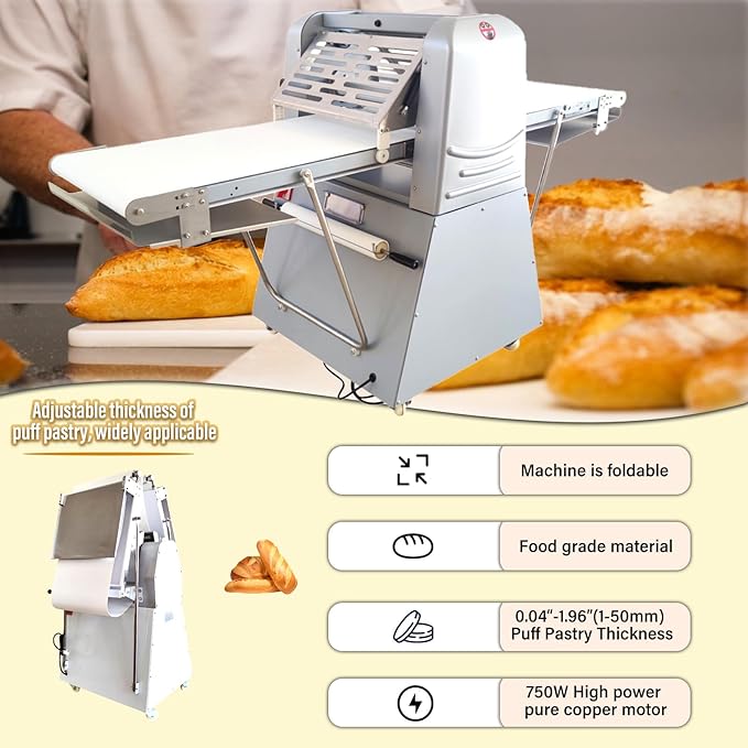 Commercial Dough Roller Sheeter 750W Vertical Dough Danish Pastry Machine Dough Laminator 0.04"-1.96"(1mm-50mm) Crisping Thickness Pasta Roller Bread Shortening Machine 110V