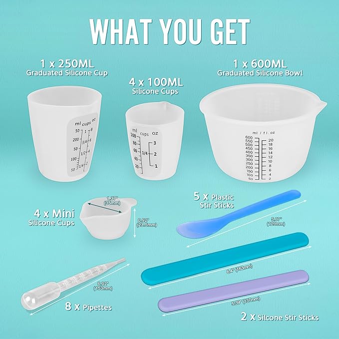 Silicone Resin Mixing Measuring Cups for Resin Supplies, Easy-to-read Marks, 600ml/20oz Bowl, 250&100ml Thickened Reusable Silicone Cups for Epoxy Mixing, with Stir Sticks, Jewelry Making