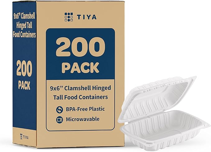 TIYA Clamshell Food Containers - White Bulk 200 Pack, 9x6 in - BPA-Free Plastic To-Go Containers - Reusable, Microwavable, Hinged, Tall Takeout Clamshells - Great for Meal Prep