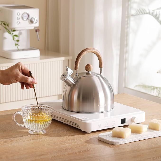18/8 Stainless Steel Tea Kettle for Stovetop (2L / 2.1 Quart Whistling Tea Pot, Wood Handle)-Silver