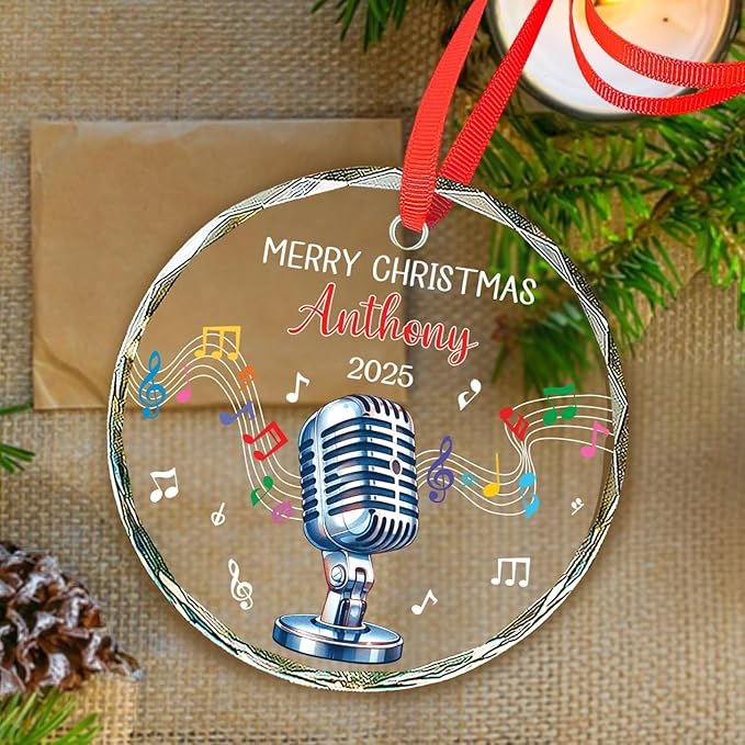Custom Microphone Glass Ornament Christmas 2025, Microphone Xmas Ornaments Gifts for Singer Karaoke Fans, Personalized Singer Ornament Christmas Tree with Text & Name, Vocalist Glass Ornaments Gifts