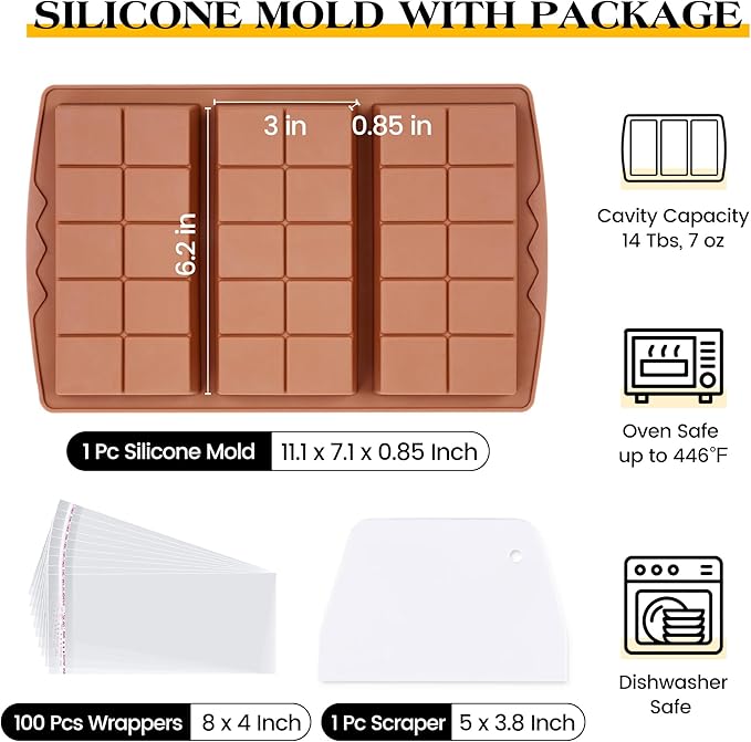 1 Pc Chocolate Bar Mold Deep Large Chocolate Molds Silicone Break Apart Thick Silicone Molds for Candy Bar, With 100 Pcs Bags and 1 Pc Scraper Set (10 Snap）