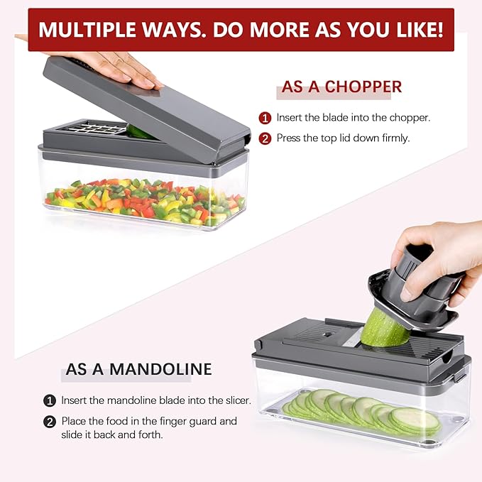 Vegetable Chopper, Onion Chopper Dicer, Mandoline Slicer, Food Chopper with Container, Vegetable Cutter for Salad Potato Carrot Garlic（9 Blades, Grey）